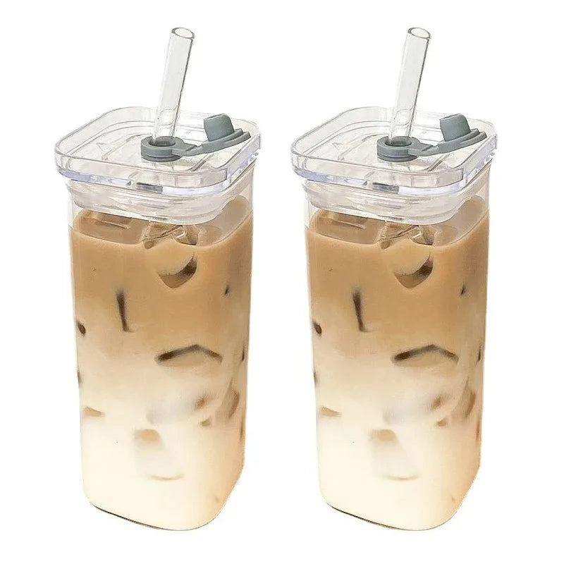 Square Glass Coffee Cup with Lid & Straw – Heat Resistant Transparent Drink Mug for Coffee, Tea & Juice
