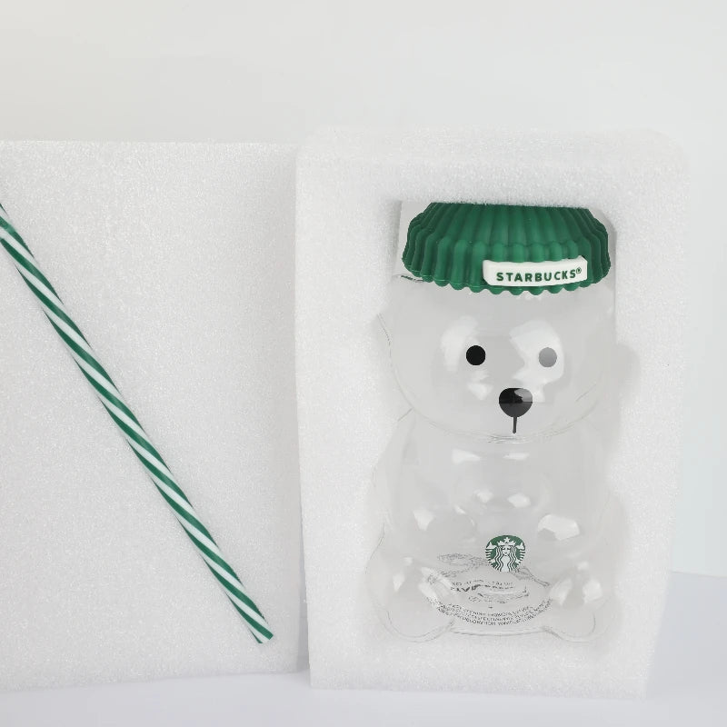 Bearista Bear Clear Glass Tumbler 591ml (20oz) with Green Lid & Straw – Iced Coffee Drink Cup
