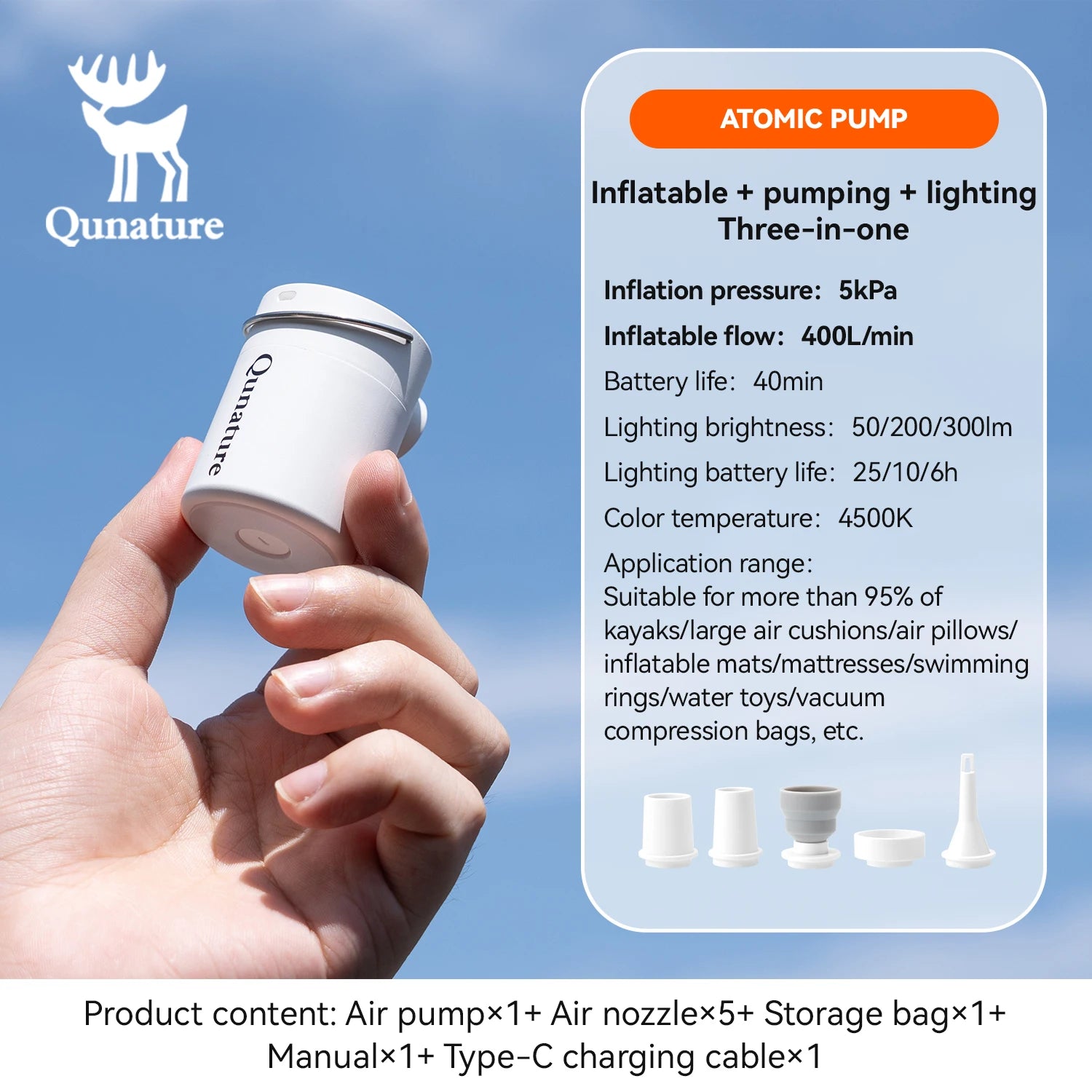 Qunature Mini Air Pump – Portable Rechargeable Inflator with Type-C Charging for Camping & Outdoor Use
