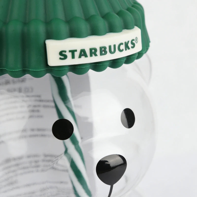 Bearista Bear Clear Glass Tumbler 591ml (20oz) with Green Lid & Straw – Iced Coffee Drink Cup