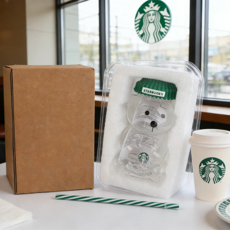 Bearista Bear Clear Glass Tumbler 591ml (20oz) with Green Lid & Straw – Iced Coffee Drink Cup