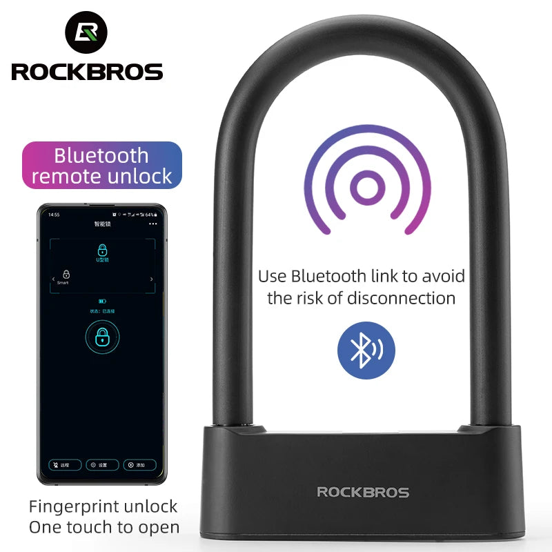 ROCKBROS Smart Bicycle Lock – Bluetooth & Fingerprint U-Lock Anti-Theft Security Lock (Waterproof Steel Alloy)
