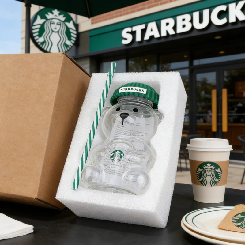 Bearista Bear Clear Glass Tumbler 591ml (20oz) with Green Lid & Straw – Iced Coffee Drink Cup