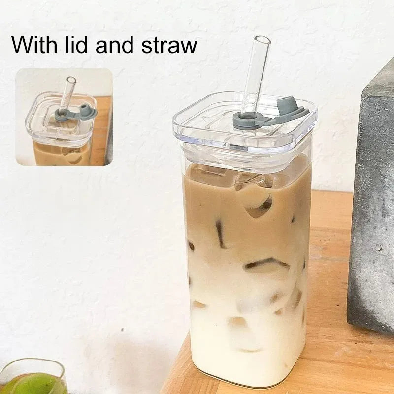 Square Glass Coffee Cup with Lid & Straw – Heat Resistant Transparent Drink Mug for Coffee, Tea & Juice
