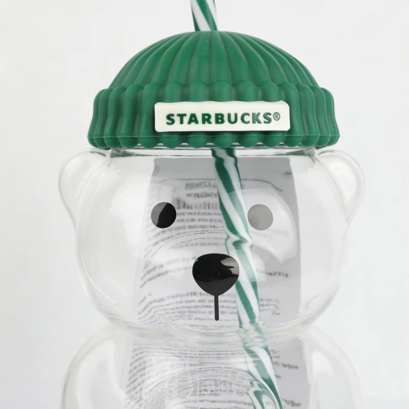 Bearista Bear Clear Glass Tumbler 591ml (20oz) with Green Lid & Straw – Iced Coffee Drink Cup