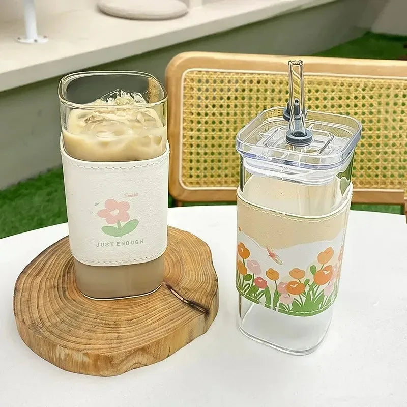 Square Glass Coffee Cup with Lid & Straw – Heat Resistant Transparent Drink Mug for Coffee, Tea & Juice