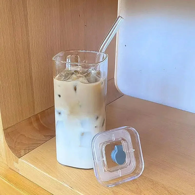 Square Glass Coffee Cup with Lid & Straw – Heat Resistant Transparent Drink Mug for Coffee, Tea & Juice