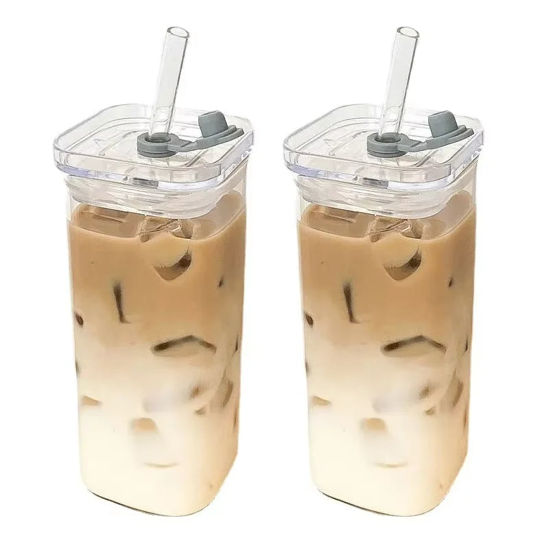 Square Glass Coffee Cup with Lid & Straw – Heat Resistant Transparent Drink Mug for Coffee, Tea & Juice