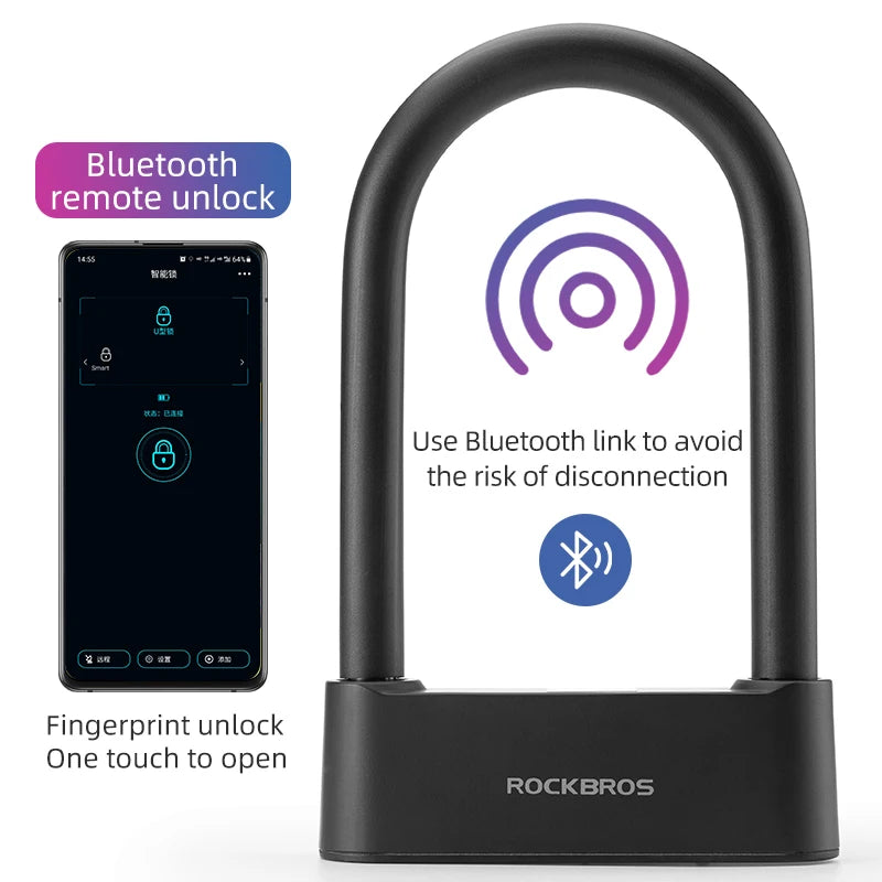 ROCKBROS Smart Bicycle Lock – Bluetooth & Fingerprint U-Lock Anti-Theft Security Lock (Waterproof Steel Alloy)