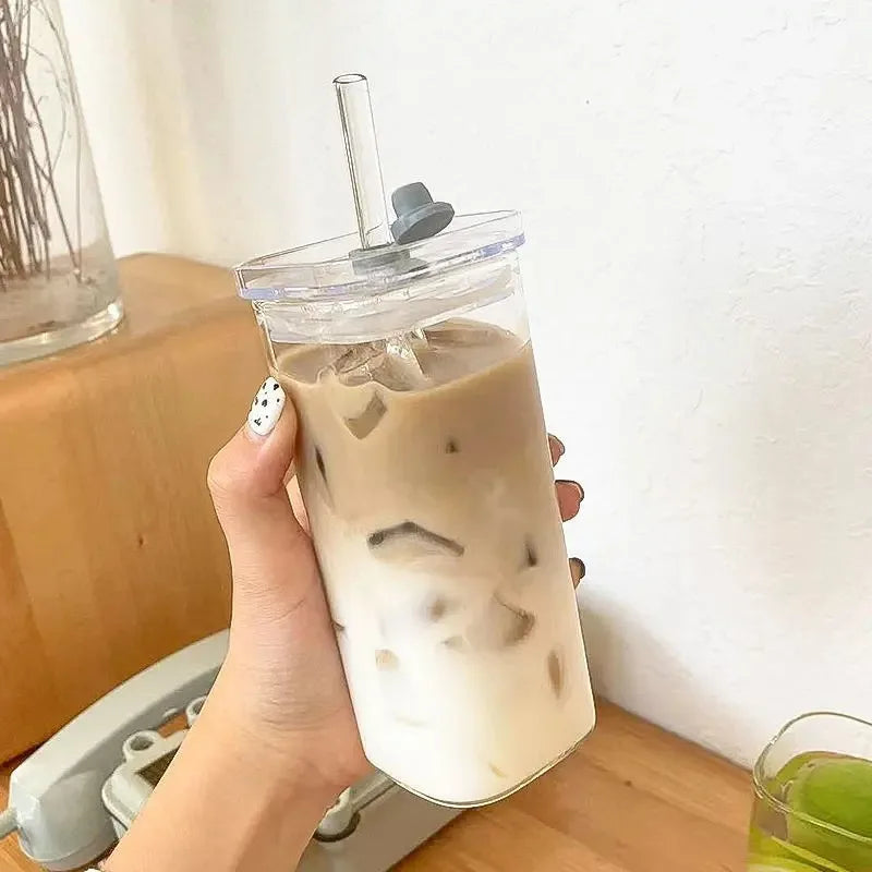 Square Glass Coffee Cup with Lid & Straw – Heat Resistant Transparent Drink Mug for Coffee, Tea & Juice