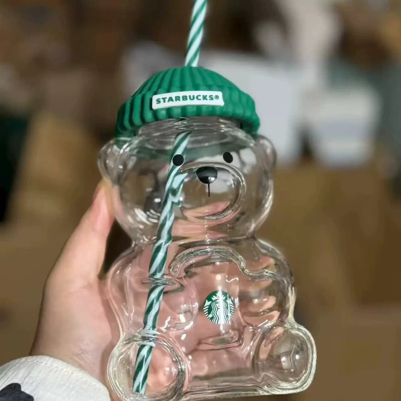 Bearista Bear Clear Glass Tumbler 591ml (20oz) with Green Lid & Straw – Iced Coffee Drink Cup