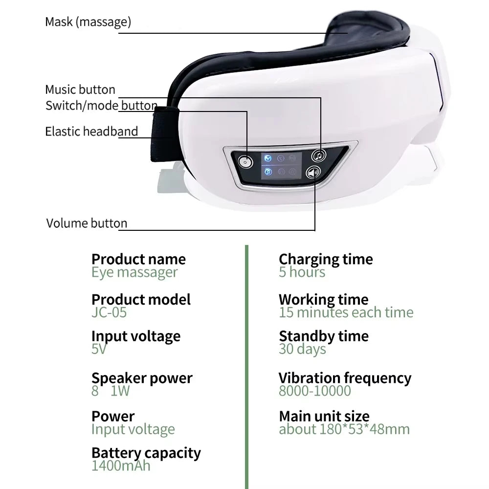 Smart Eye Massager Glasses – Foldable Airbag Compression Vibration Eye Care Device with Bluetooth Music & Heat Relief