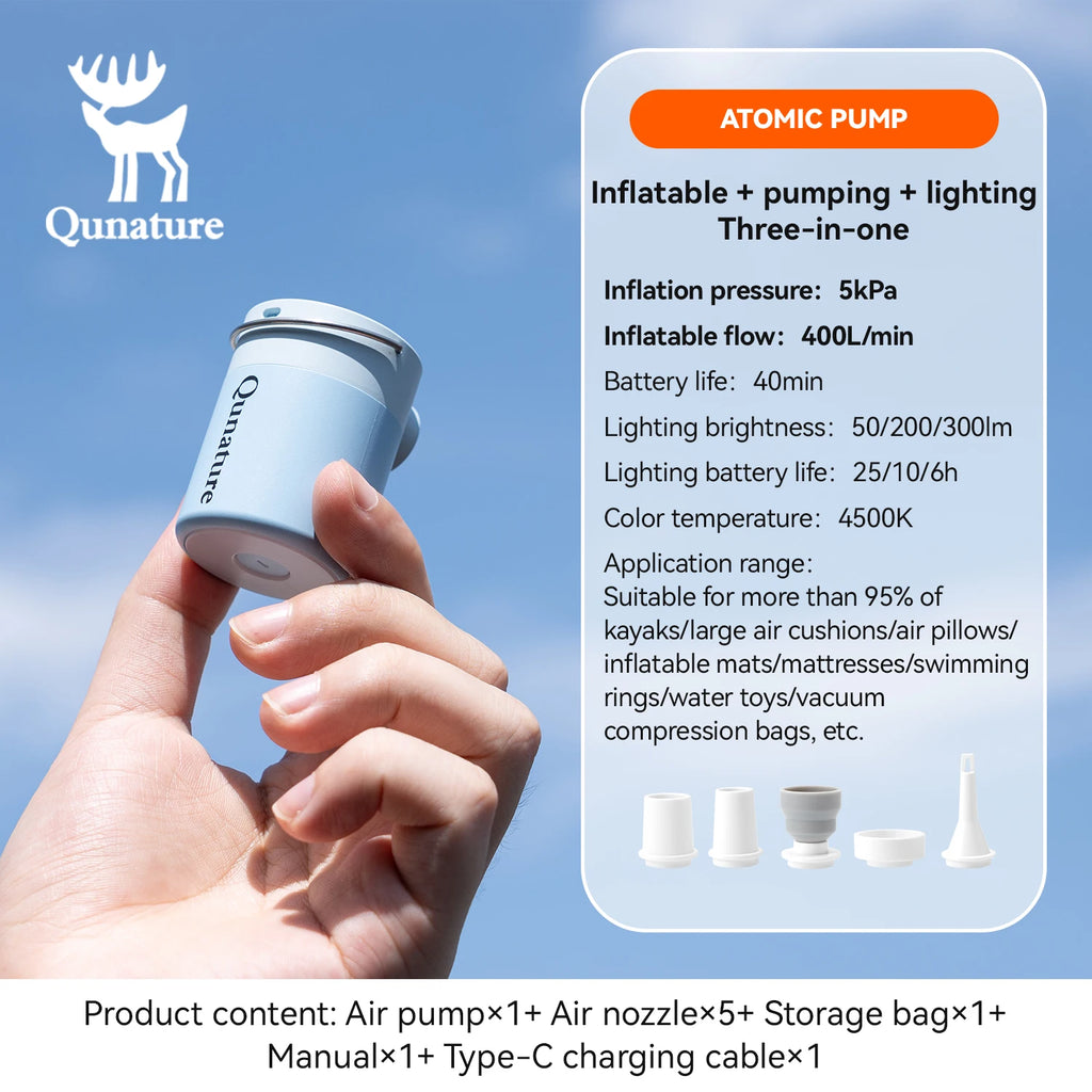 Qunature Mini Air Pump – Portable Rechargeable Inflator with Type-C Charging for Camping & Outdoor Use
