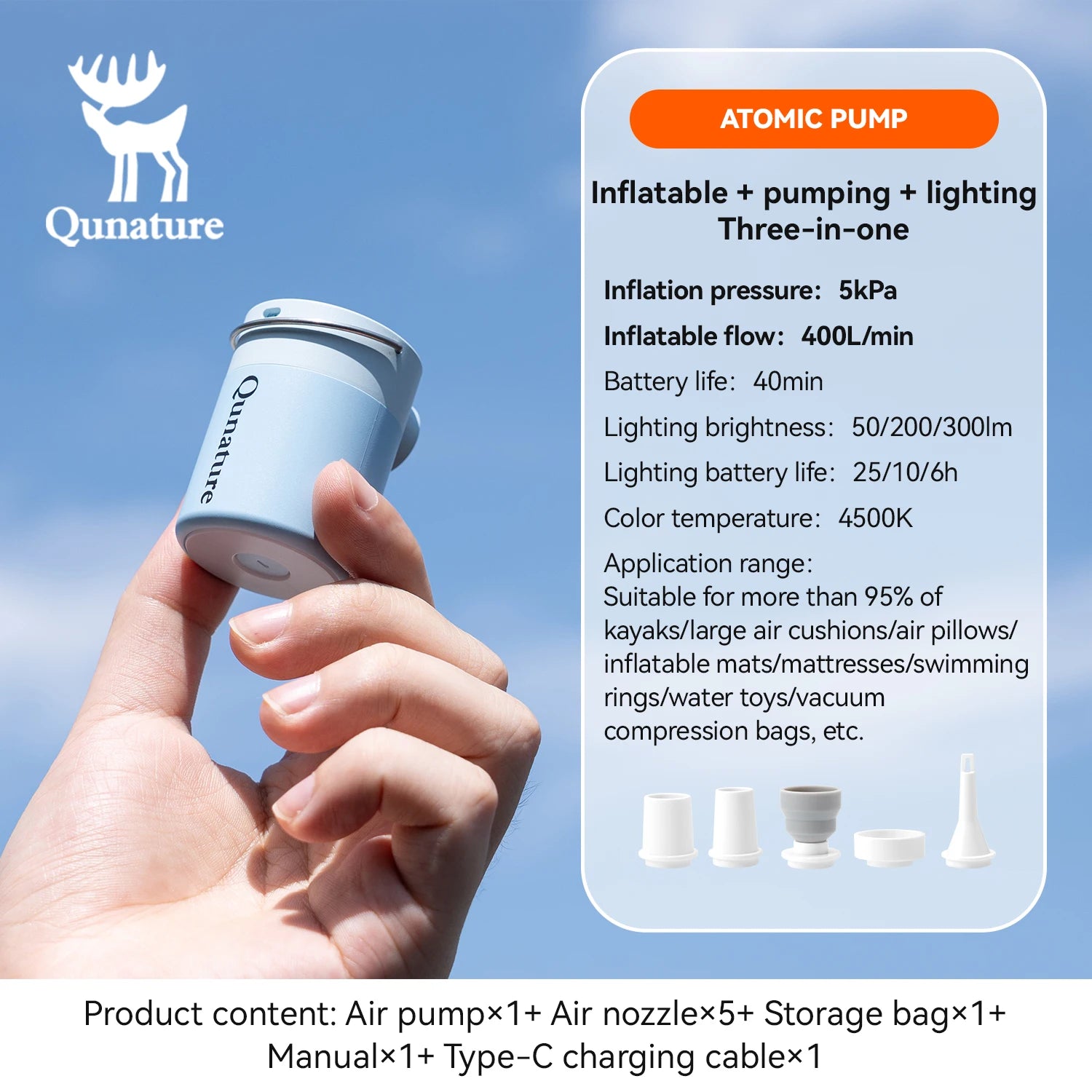 Qunature Mini Air Pump – Portable Rechargeable Inflator with Type-C Charging for Camping & Outdoor Use