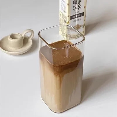 Square Glass Coffee Cup with Lid & Straw – Heat Resistant Transparent Drink Mug for Coffee, Tea & Juice