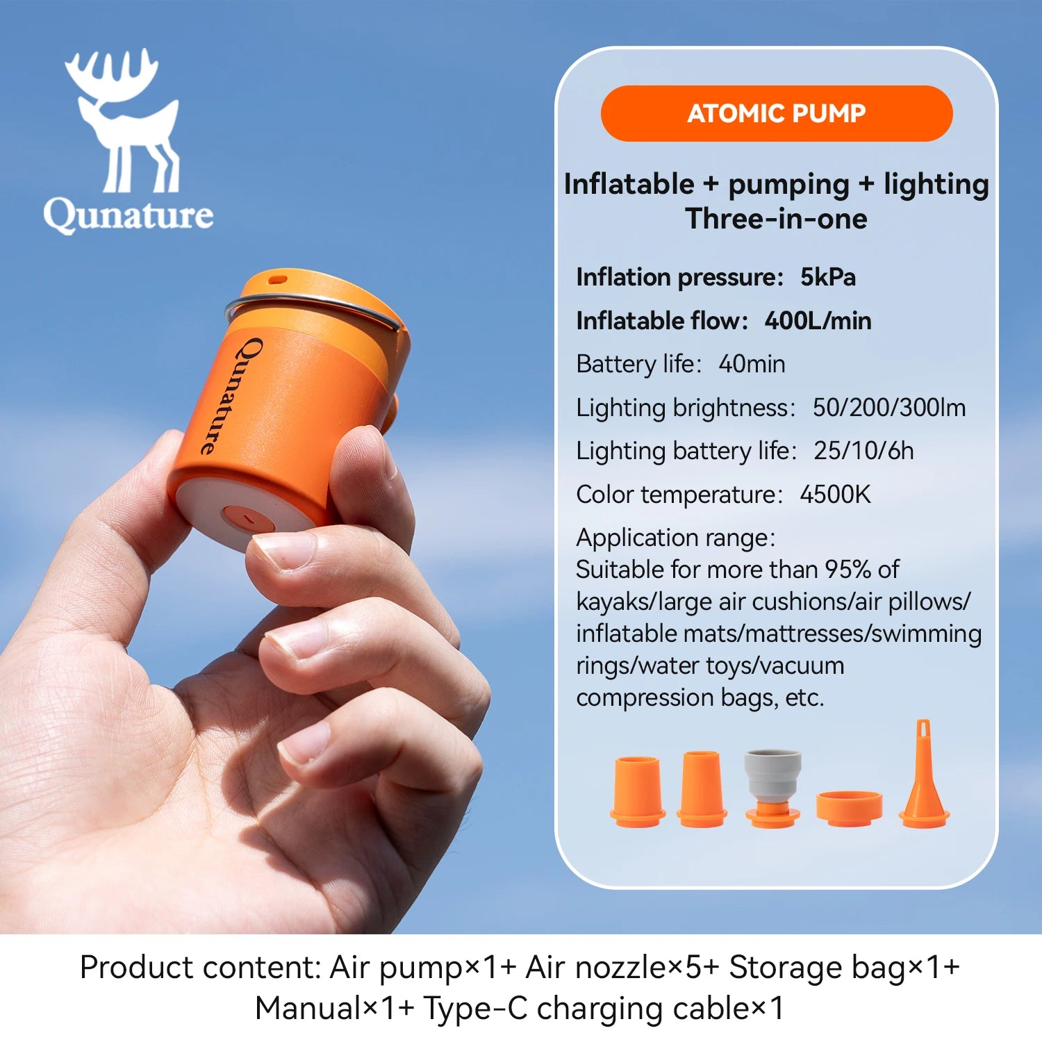 Qunature Mini Air Pump – Portable Rechargeable Inflator with Type-C Charging for Camping & Outdoor Use